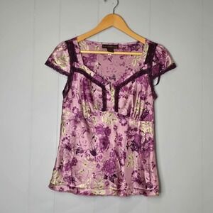 Petite Floral 100% Silk Top Cap Sleeve Lace Trim Babydoll Coquette Size 8P FLAW